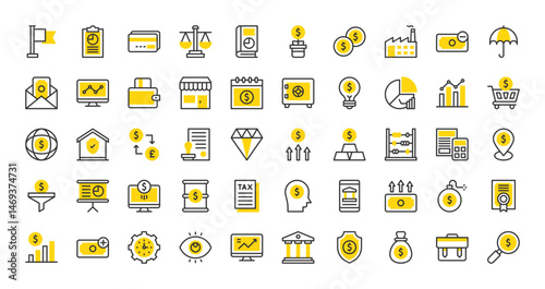 Set of Economy vector stroke icons. such as Business Report, Money, Mission, Income, Safebox, Certificate, Credit Card, Calendar, Factory, Store, Growth, Globe Grid, Document, Outcome illustration.