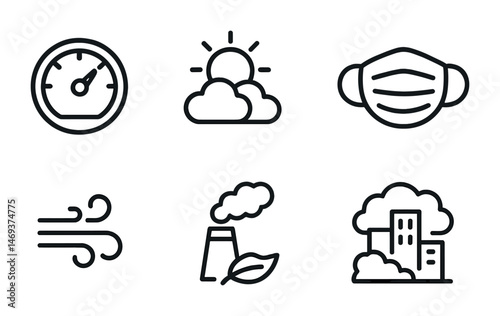 Environmental health outline icons set – linear, solid, pollution and wellness symbols