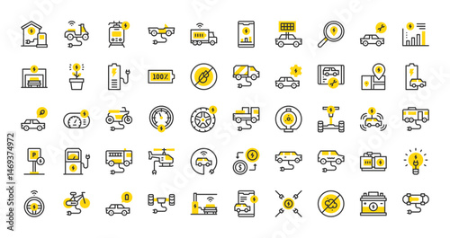 Set of Electric transport vector stroke icons. such as Electric Bike, Price, No Pollution, Electricity, Statistics, Train, Electric Car, Maintenance, No Fuel, Charging Station, Plug illustration.