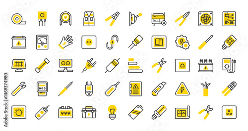 Set of Electrician tools and elements vector stroke icons. such as Fuse, Settings, Dimmer, Electrical Panel, Fluorescent Light, Insulating Tape, Voltmeter, Fuse Box, Generator, Clamps illustration.