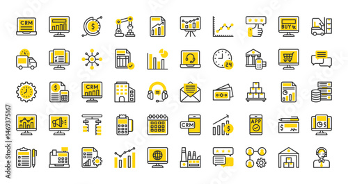Set of Enterprise resource planning vector stroke icons. such as App, Distribution, CRM, Email, Sales, Project Management, Payment System, Human Resources, Invoice, Company, Digital illustration.
