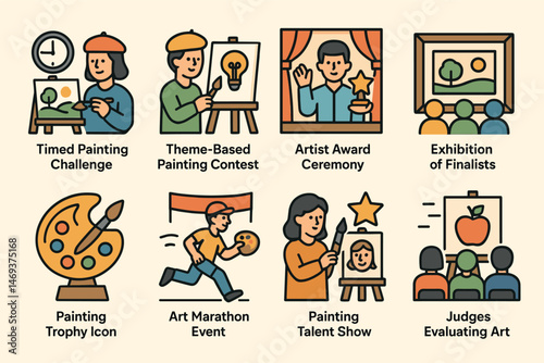 Art competition flat icons set – creative, painting, award ceremony visuals