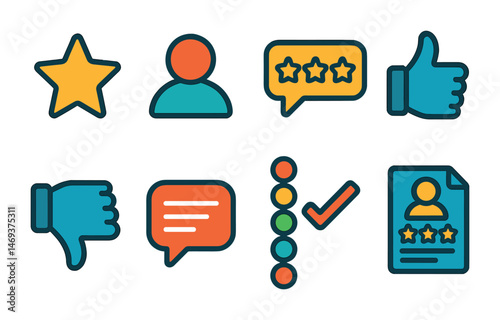 Feedback and review icons set – flat, outline, evaluation and rating symbols