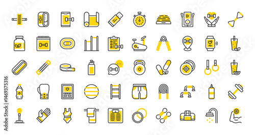 Set of Fitness vector stroke icons. such as Dumbbell, Supplement, Pill, Protein Bar, Checklist, Fitness App, Orange Juice, Measuring Tape, Protein Shake, Muscle, Sport Bag, Water Bottle illustration.