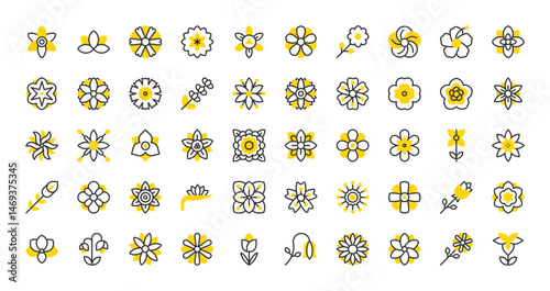 Set of Flowers vector stroke icons. such as Calendula, Carnation, Orchid, Lavender, Passiflora, Azalea, Magnolia, Cosmos, Sakura, Buttercup, Periwinkle, Bluebell, Morning Glory, Tulip illustration.