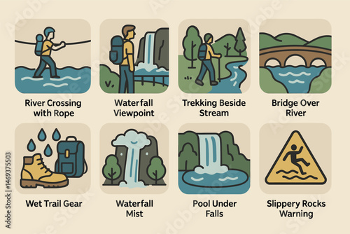 Hiking and nature icons set – silhouette, flat, trekking and outdoor adventure symbols