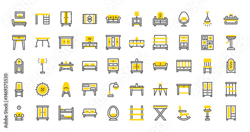 Set of Furniture vector stroke icons. such as Book Shelf, Wardrobe, Chair, Lamp, Sofa, Cabinet, Tv Table, Double Bed, Mirror, Bar Stool, Clock, Coffee Table, Couch, Crib, Desk, Dining illustration. 