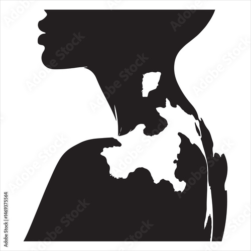 Black vitiligo skin silhouette with distinct light patches, clear white background for contrast