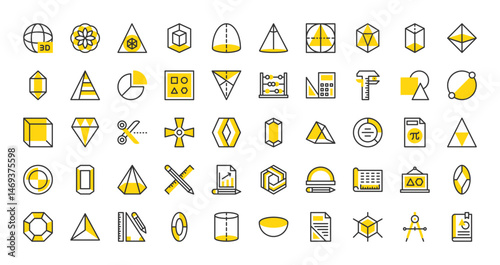 Set of Geometry vector stroke icons. such as Geometrical , Diameter, Hemisphere, Hexagonal, Cylinder, Compass, Graph, Tetrahedron, Pencil, Circle, Drawing, Cube, Document illustration.