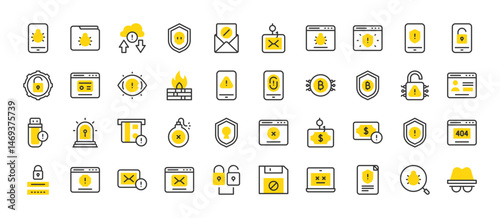 Set of Hacker vector stroke icons. such as Bitcoin, Locker, Money, Web, Login, Folder, Phone, File, Eye, Floppy Disc, Hacker, Laptop, Mail, Money, Not Found, Padlock, Search, Settings illustration.