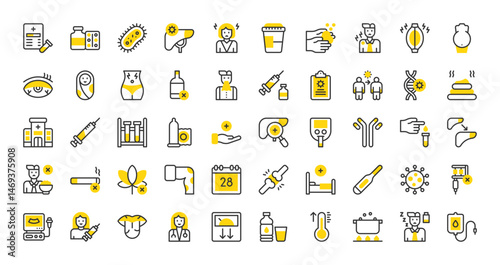 Set of Hepatitis vector stroke icons. such as Bacteria, Antibody, Joint, Dry, Fever, Boiling, Vaccine, Washing Hands, Muscle Pain, Ultrasound, Weight Loss, Doctor, Abdominal Pain, Liver illustration.