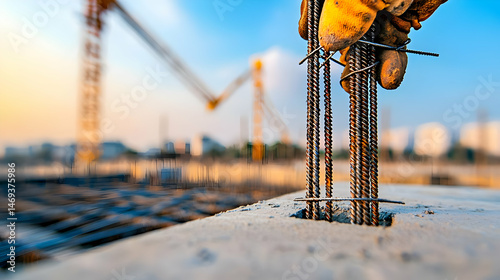 Construction Worker Assembling Rebar In Concrete Foundation