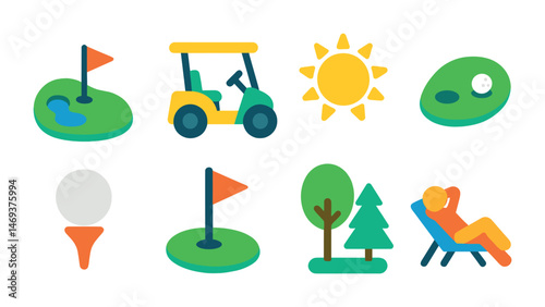Golf and leisure flat icons set – sport, recreation, outdoor activity symbols