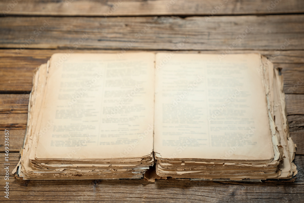 Obraz premium Open old book on wooden table, closeup