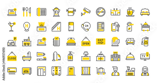 Set of Hotel vector stroke icons. such as Cctv Camera, Parking, Open, Bell, Room Door, Online Booking, Cocktail, Bath Tub, Tissue Box, Food Tray, 24 Hours, Bar, Free Wifi, Oven, Cutlery illustration.