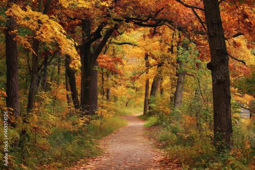 Obraz na płótnie Colorful Autumn Forest Path Surrounded by Vibrant Trees Showcasing Fall Foliage Hues Generative AI w salonie