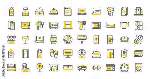 Set of Hotel vector stroke icons. such as Alarm Clock, Single Bed, Room Door, Double Bed, Reception Desk, Tv, Washing Machine, Flyer, Booking, Passport, Sink, Bathtub, Credit Card, Room illustration.