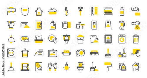 Set of Housekeeping vector stroke icons. such as Painting Roller, Welder, Washing Machine, Towel, Painting, Wet Floor, Cleaning, T Shirt, Liquid Soap, Electric Panel, Iron, Switch illustration.