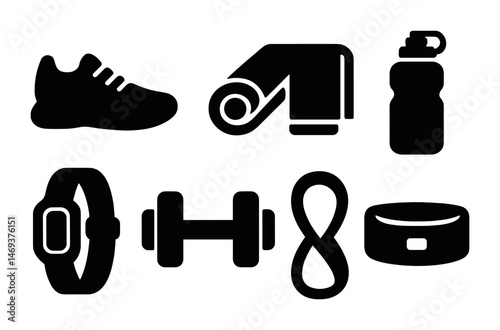 Fitness and gym solid icons set – silhouette, workout, exercise equipment symbols