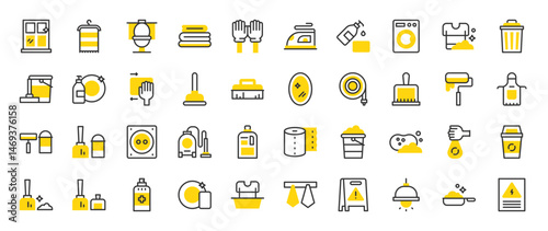 Set of Housekeeping vector stroke icons. such as Wet Floor, Towels, Laundry, Mirror, Electric Panel, Ceiling Lamp, Windows, Washing Dishes, Liquid Soap, Broom, Vacuum Cleaner, Wiping illustration.