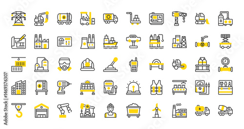 Set of Industry vector stroke icons. such as Architecture, Boiler, Control Lever, Control Panel, Robot Arm, Electric Generator, Petroleum, Factory, Wood Cutter, Cargo Ship illustration.