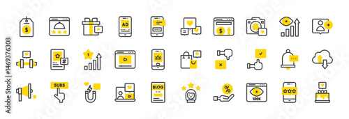 Set of Influencer vector stroke icons. such as Video, Likes, Add, Girl, Star, Hand, Phone, Fitness, Blog, Shopping Bag, Laptop, Cloud, Price Tag, Viewers, Like, Megaphone, Subscribe illustration.