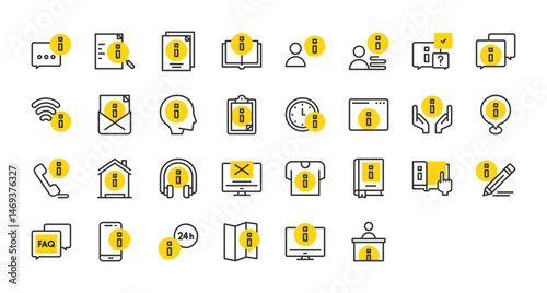 Set of Info center vector stroke icons. such as Info, Tshirt, Book, User, Open Book, Information Point, Pencil, Email illustration.