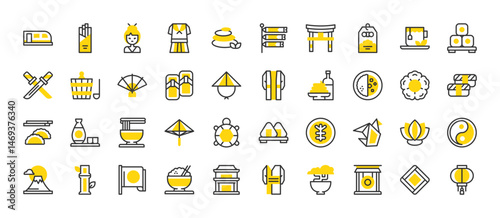 Set of Japan vector stroke icons. such as Onsen, Uniform, Tea Cup, Dumplings, Bamboo, Fuji, Geta, Gong, Haori, Hat, Lotus, Noodles, Omamori, Bonsai, Paper Lamp, Rice, Sake, Stones, Sushi illustration.