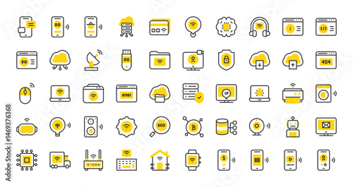 Set of Internet technology vector stroke icons. such as Server, Cloud, Seo, Robot, Phone Call, Computer, Email, Cloud Server, Chip, Wifi, Info, Shield, Printer, Laptop, Bug, Phone illustration.