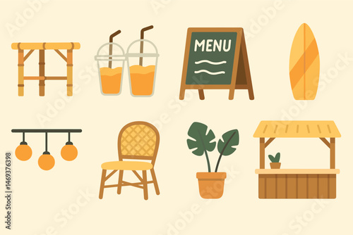 Summer vacation flat icons set – leisure, beachfront and travel symbols