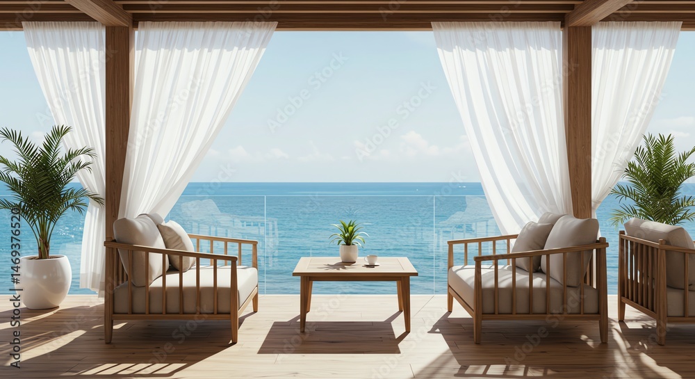 Obraz premium Ocean view lounge with furniture and curtains