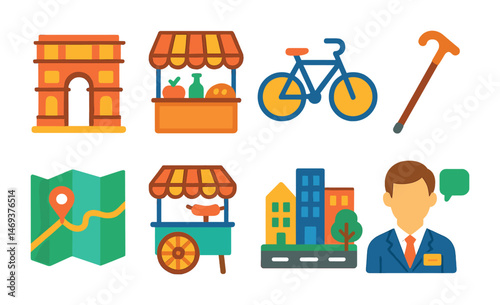 Marketplace and transportation flat icons set – filled, commerce, mobility symbols