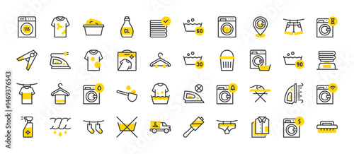 Set of Laundry vector stroke icons. such as Dryer, Wring, Detergent, Steam, Temperature, Clean Clothes, Shirts, Washing Machine, Do Not Iron, Sprayer, Lint Roller, Dirty Clothes, Brush illustration.