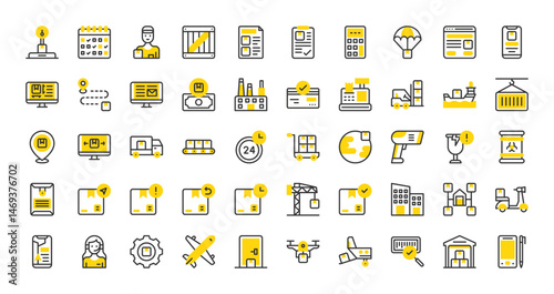 Set of Logistics vector stroke icons. such as Return, Management, Radioactive, Box, Cash Register, Warehouse, Schedule, Loading, PDA, Bar Code Scanner, Distribution, Tracking illustration.