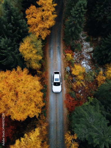 Car Navigating Through Vibrant Autumn Forest With Colorful Foliage and Winding Road Captured From Drone Perspective Generative AI