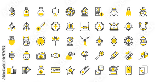 Set of Luck vector stroke icons. such as Slot Machine, Fortune Wheel, 8 Ball, Key, Cornicello, Thumb Up, Saphire, Fish, Ladybug, Poker Cards, Easter Egg, Dice, Money, Ticket, Bullseye illustration.