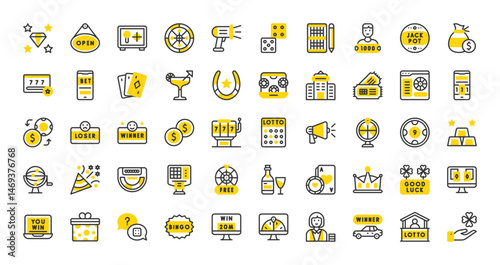 Set of Lottery vector stroke icons. such as Lotto, Baccarat, Celebration, Free Spin, Lottery, Luck, Ticket Scanning, Megaphone, Winner, Poker, Roulette, Open, Good Luck, Crown, Gambling illustration.