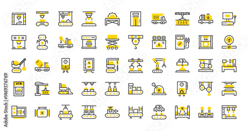 Set of Machinery vector stroke icons. such as Molding Machine, Furnace, Press, Grinding, Control Lever, Cupcakes, Atm Machine, Battery, Car Engine, Press, Gauge, Picker, Laser illustration.