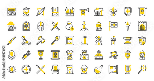 Set of Medieval vector stroke icons. such as Windmill, Tower, Well, Cart, Sorcerer, Gate, Goblet, Fleur De Lis, Helmet, Potion, Gemstone, Crown, Heraldic Flag, Queen, Coin, Spears illustration. 