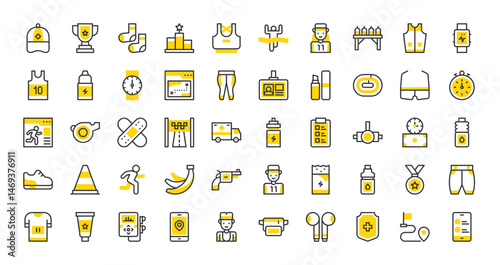 Set of Marathon vector stroke icons. such as Stopwatch, Athlete, Position, Membership, List, Cap, Trophy, Winner, Shirt, Price, Water Bottle, Socks, Sports Bra, Energy Bar, Water, Medal illustration. 