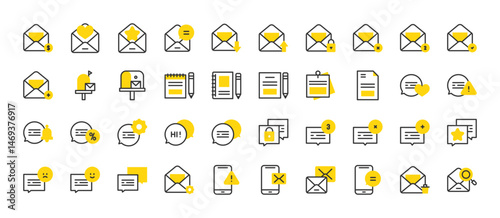 Set of Message vector stroke icons. such as Phone, Hi, Mail, Letter, Checked, Download, Notebook, Message, Post It, Add, Lock, Mailbox illustration. 