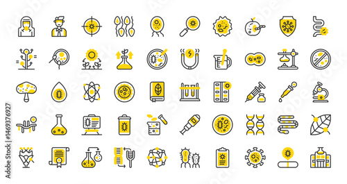 Set of Microbiology vector stroke icons. such as Germs, Bacteria, Clipboard, Cells, Flask, Amoeba, Worm, Reproduction, Petri Dish, Certificate, Bacteria, Mitosis, Water, Biomass, Beaker illustration. 