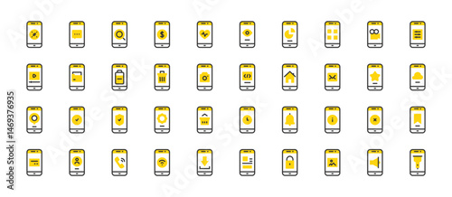 Set of mobile funcation vector stroke icons. such as Smartphone, News, Phone Contact, Phone Chat illustration.