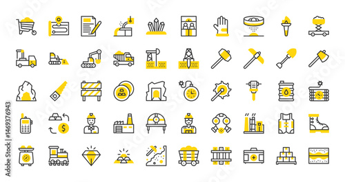 Set of Mining vector stroke icons. such as Factory, Diamond, Oil Barrel, Drilling, Map, Soil, Glove, Road Barrier, Stock, Gem, Dump Truck, Vest, Boot, Weight Scale, Train, Gold, Digging illustration.