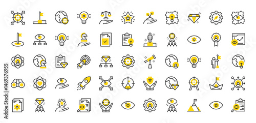 Set of Mission statement vector stroke icons. such as Mission, Vision, Core Focus, Core Value, Research, Values, Excellence, Ideas, Goal illustration.