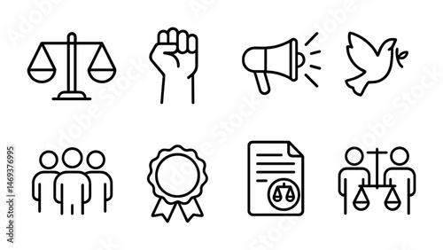 Law and justice outline icons set – legal, rights, courtroom symbols