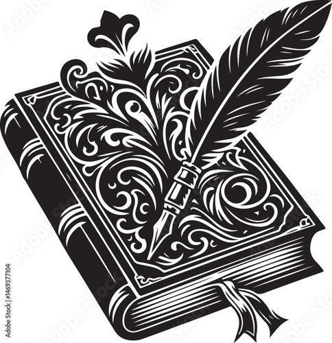 Book and quill pen for writing, vector illustration Stock Vector , black color silhouette 