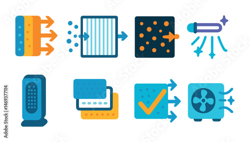 Air conditioning and purification flat icons set – clean, hvac, cooling symbols