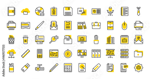 Set of Office vector stroke icons. such as Hard Disk, Clipboard, Document, Cloud Server, Drawer, Fountain Pen, Meeting, Pencil, Email, Salary, Presentation, Calculator, Printer, Mouse illustration.