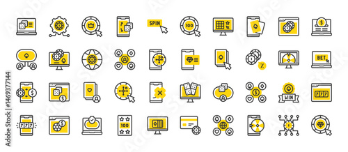 Set of Online gambling vector stroke icons. such as Bet, Football, Online Casino, Money, Sales, Poker, Credit Card, Poker Cards, Spin, Online Poker, Poker Chips, Vip, Fortune Wheel illustration.